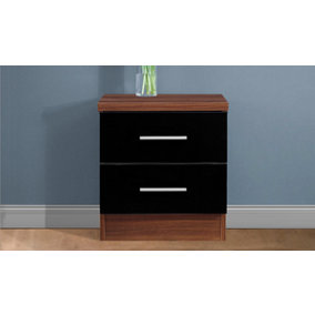REFLECT 2 Drawer Bedside Cabinet in Black Gloss Fronts and Walnut Carcass