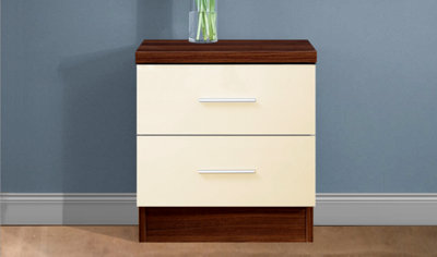 REFLECT 2 Drawer Bedside Cabinet in Cream Gloss Fronts and Walnut Carcass (H)48.5cm (W)45cm (D)39.5cm