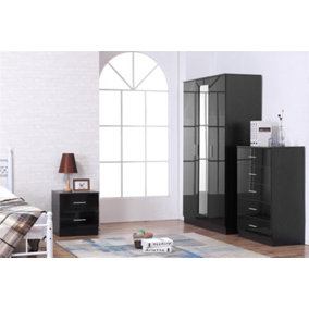 REFLECT 3 Door Mirrored Wardrobe and 5 Drawer Chest and 2 Drawer Bedside SET in Gloss Black and Black Oak