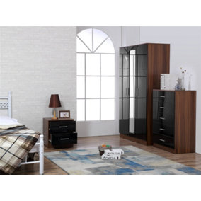 REFLECT 3 Door Mirrored Wardrobe and 5 Drawer Chest and 2 Drawer Bedside SET in Gloss Black and Walnut