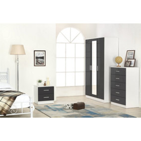 REFLECT 3 Door Mirrored Wardrobe and 5 Drawer Chest and 2 Drawer Bedside SET in Gloss Grey and Matt White