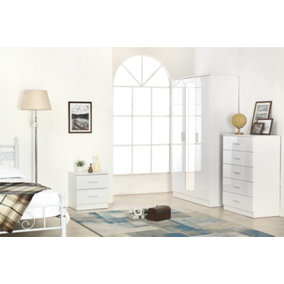 REFLECT 3 Door Mirrored Wardrobe and 5 Drawer Chest and 2 Drawer Bedside SET in Gloss White and Matt White