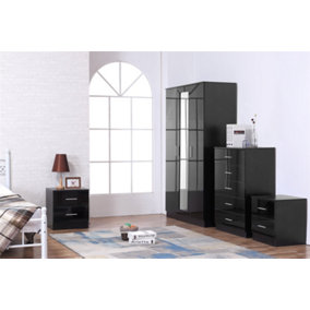 REFLECT 3 Door Mirrored Wardrobe and 5 Drawer Chest and 2x 2 Drawer Bedsides SET in Gloss Black and Black Oak