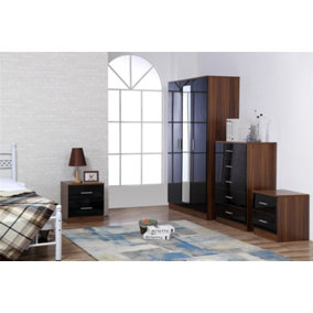 REFLECT 3 Door Mirrored Wardrobe and 5 Drawer Chest and 2x 2 Drawer Bedsides SET in Gloss Black and Walnut