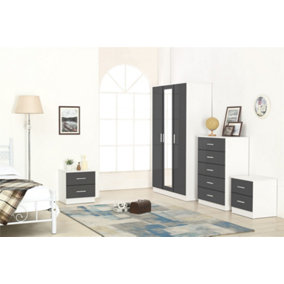 REFLECT 3 Door Mirrored Wardrobe and 5 Drawer Chest and 2x 2 Drawer Bedsides SET in Gloss Grey and Matt White
