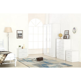 REFLECT 3 Door Mirrored Wardrobe and 5 Drawer Chest and 2x 2 Drawer Bedsides SET in Gloss White and Matt White