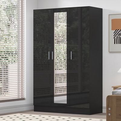 REFLECT 3 Door Mirrored Wardrobe in Gloss Black Door Fronts and Black Oak Carcass (H)180cm (W)113cm (D)47cm