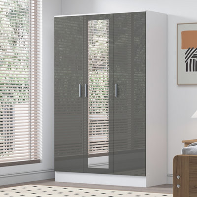 REFLECT 3 Door Mirrored Wardrobe in Gloss Grey Door Fronts and Matt White Carcass (H)180cm (W)113cm (D)47cm