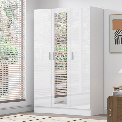 REFLECT 3 Door Mirrored Wardrobe in Gloss White Door Fronts and Matt White Carcass (H)180cm (W)113cm (D)47cm