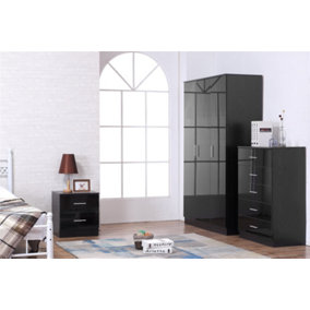 REFLECT 3 Door Plain Wardrobe and 5 Drawer Chest and 2 Drawer Bedside SET in Gloss Black and Black Oak
