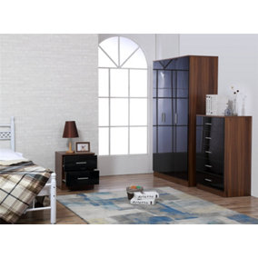 REFLECT 3 Door Plain Wardrobe and 5 Drawer Chest and 2 Drawer Bedside SET in Gloss Black and Walnut