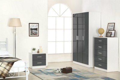 REFLECT 3 Door Plain Wardrobe and 5 Drawer Chest and 2 Drawer Bedside SET in Gloss Grey and Matt White