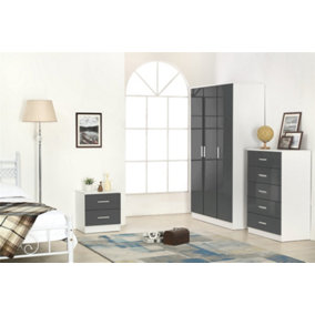 REFLECT 3 Door Plain Wardrobe and 5 Drawer Chest and 2 Drawer Bedside SET in Gloss Grey and Matt White