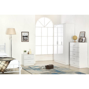 REFLECT 3 Door Plain Wardrobe and 5 Drawer Chest and 2 Drawer Bedside SET in Gloss White and Matt White