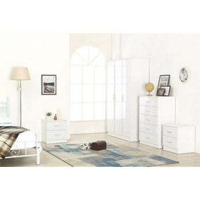 REFLECT 3 Door Plain Wardrobe and 5 Drawer Chest and 2x 2 Drawer Bedside SET in Gloss White and Matt White