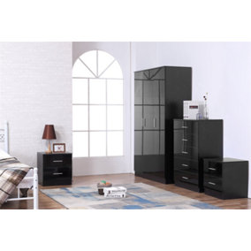 REFLECT 3 Door Plain Wardrobe and 5 Drawer Chest and 2x 2 Drawer Bedsides SET in Gloss Black and Black Oak