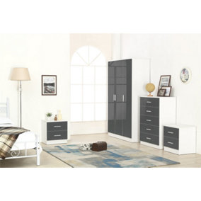REFLECT 3 Door Plain Wardrobe and 5 Drawer Chest and 2x 2 Drawer Bedsides SET in Gloss Grey and Matt White