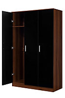 REFLECT 3 Door Plain Wardrobe in Gloss Black Door Fronts and Walnut Carcass