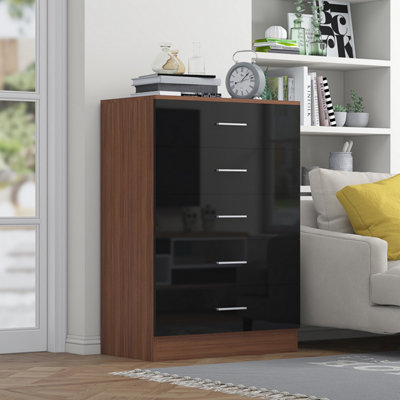 REFLECT 5 Drawer Chest in Gloss Black Drawer Fronts & Walnut Carcass (H)100cm (W)70cm (D)40cm