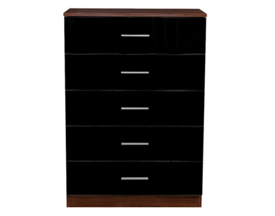 REFLECT 5 Drawer Chest of Drawers in Gloss Black Drawer Fronts and Walnut Carcass