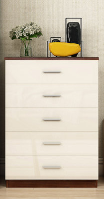 REFLECT 5 Drawer Chest of Drawers in Gloss Cream / Walnut