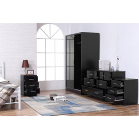 REFLECT XL 2 Door Sliding Wardrobe and 6 Drawer Chest and 2x 3 Drawer Bedsides SET in Gloss Black and Black Oak