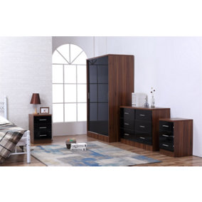 REFLECT XL 2 Door Sliding Wardrobe and 6 Drawer Chest and 2x 3 Drawer Bedsides SET in Gloss Black and Walnut