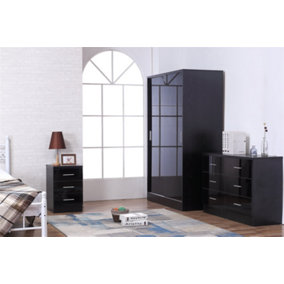 REFLECT XL 2 Door Sliding Wardrobe and 6 Drawer Chest and 3 Drawer Bedside SET in Gloss Black and Black Oak