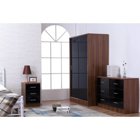 REFLECT XL 2 Door Sliding Wardrobe and 6 Drawer Chest and 3 Drawer Bedside SET in Gloss Black and Walnut