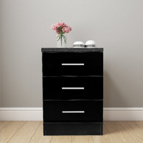 REFLECT XL 3 Drawer Bedside Cabinet in Black Gloss Fronts and Black Oak Carcass
