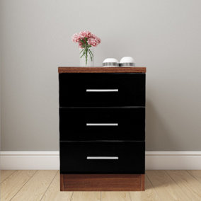 REFLECT XL 3 Drawer Bedside Cabinet in Black Gloss Fronts and Walnut Carcass