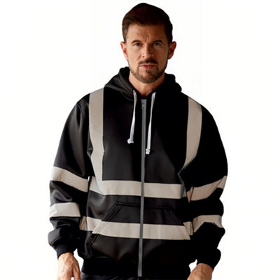 Reflective Stripe Workwear Fleece Colorblock Zip Up Hoodie Black 2XL