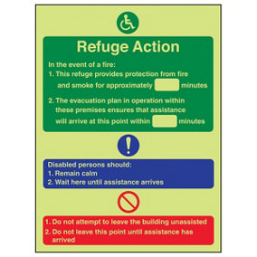 Refuge Action Fire Safety Evac Sign - Glow in the Dark 150x200mm (x3)