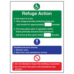 Refuge Action Fire Safety Evac Sign - Rigid Plastic - 150x200mm (x3)