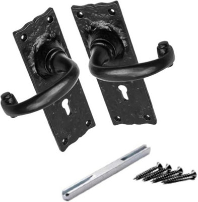 Regal Cast Iron Door Handle on Lockplate Antique Black Finish Vintage Scroll Design Malleable Iron Ideal for Front & Interior Door