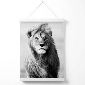Regal Lion Animal Black and White Photo Poster with Hanger / 33cm / White