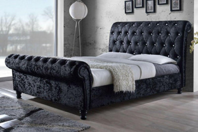 Regal Sleigh Bed Frame Roll Top Head And Foot Soft Velvet - Pebble ...