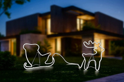 Reindeer with Sleigh Neon Effect Rope Light Silhouette Double Side 90 Cool White LEDs