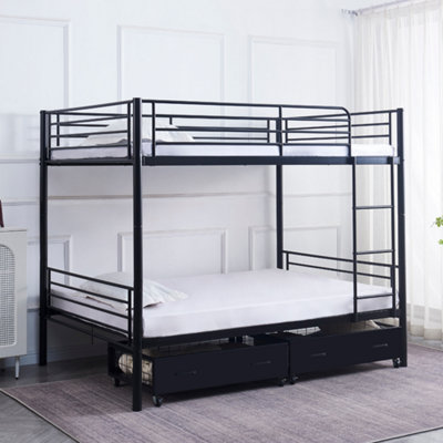 REINFORCED BEDS Anmer Quad Bunk Bed, Double (4ft6x6ft3), Black, Reinforced Welded Mesh Base, Reversible Ladder, Metal Bunk Bed