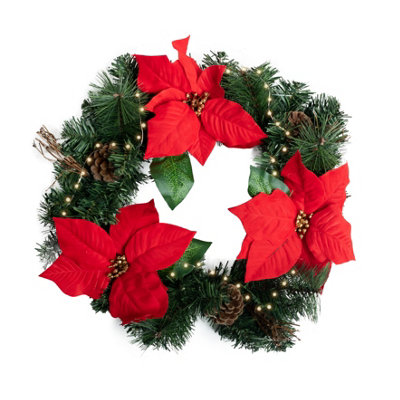 Relsy Luxery 40cm Christmas Wreath With Forest adornments, red flowers and Pre-Lit Warm LEDs