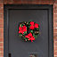 Relsy Luxery 40cm Christmas Wreath With Forest adornments, red flowers and Pre-Lit Warm LEDs