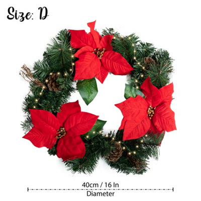 Relsy Luxery 40cm Christmas Wreath With Forest adornments, red flowers and Pre-Lit Warm LEDs