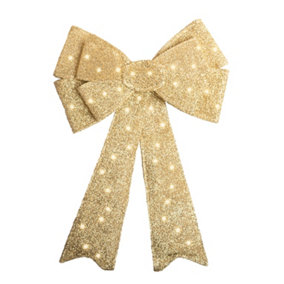 Relsy Luxery Pre-Lit Large 60CM Christmas Bow Gold Glitter Wreath For Door Hanging Or Christmas Tree Topper With 30 LEDs