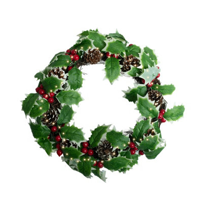 Relsy Luxury 40cm Christmas Wreath With Holly Berries & Leaves, Acorns and Pre-Lit Warm LEDs