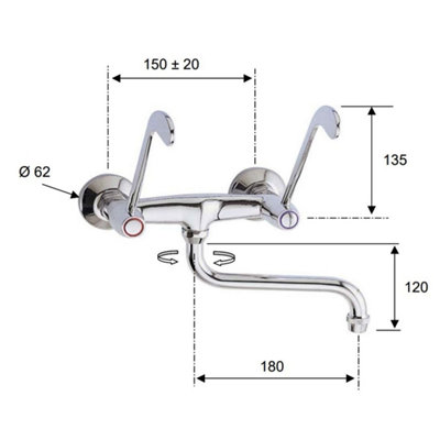 Remer Long Levers + 'S' Spout Chromed Wall Mounted Mixer Tap Faucet Disabled Mobility