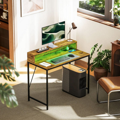 Rena 100cm Rustic Brown Gaming Desk with LED Lights, Power Strip and ...