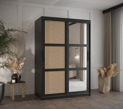 Rena II: Mirrored Sliding Door Wardrobe with Viennese Braid Pattern (H2000mm W1200mm D620mm) - Black Matt