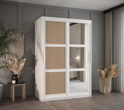 Rena II: Mirrored Sliding Door Wardrobe with Viennese Braid Pattern (H2000mm W1200mm D620mm) - White Matt