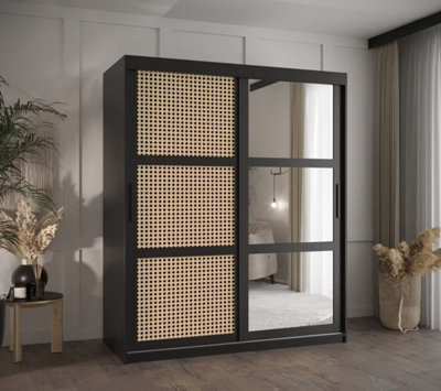 Rena II: Mirrored Sliding Door Wardrobe with Viennese Braid Pattern (H2000mm W1500mm D620mm) - Black Matt