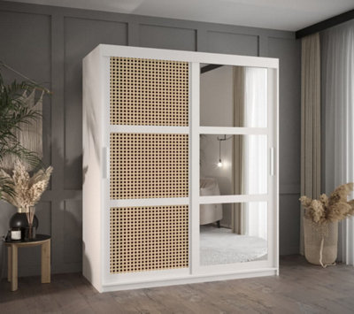 Rena II: Mirrored Sliding Door Wardrobe with Viennese Braid Pattern (H2000mm W1500mm D620mm) - White Matt